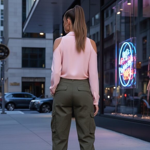 F21 Peach Light Coral Pastel Sheer Chiffon Off Shoulder Button Up Top Blouse L - Picture 2 of 13